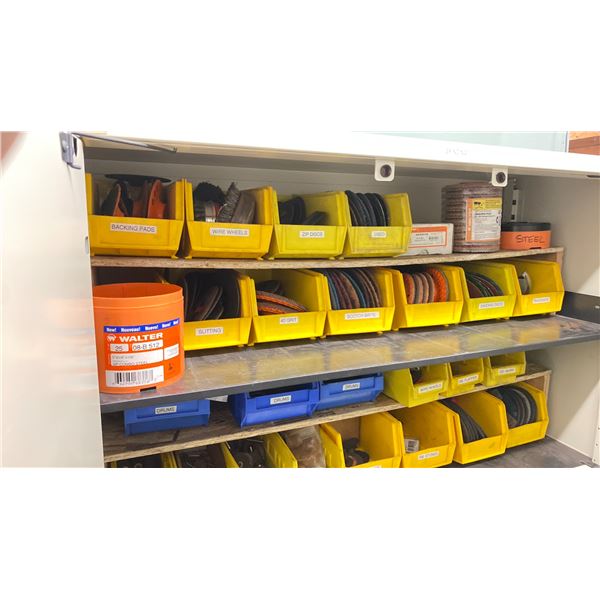 2 PC METAL CABINET SET 3 LATERAL DRAWERS WITH TOP CABINET & CONTENTS - GRINDING DISCS, ASSORTED DIE