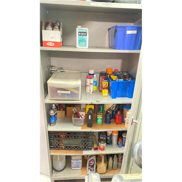GLOBAL METAL 2 DOOR GREY STORAGE CABINET WITH CONTENTS - LUBRICANTS, CLEANERS, DEGREASERS & ASSORTED