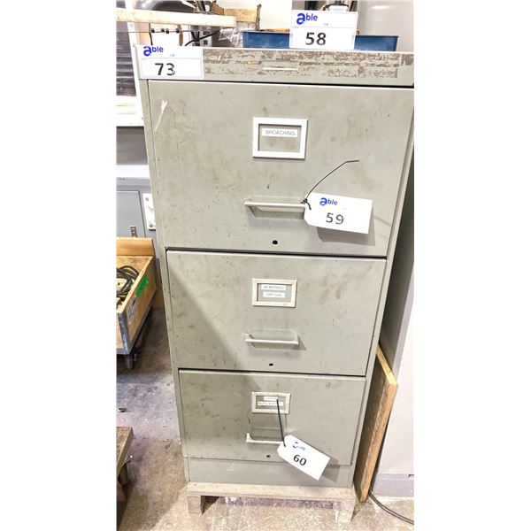 3 DRAWER GREY METAL STORAGE CABINET - APPROX. 3.5'H X 1.5'W X 2 1/4'D ** CONTENTS NOT INCLUDED +