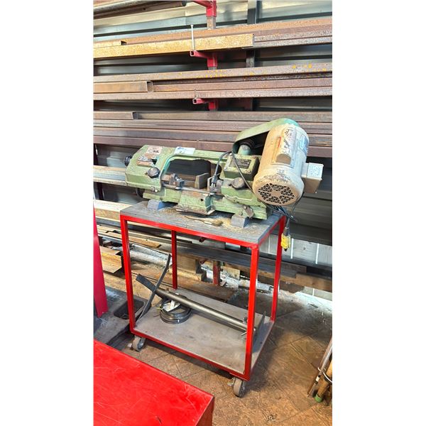 CENTRAL MACHINERY HEAVY DUTY 30" STEEL BANDSAW WITH CART, ADJUSTABLE STAND & VARIOUS BLADES