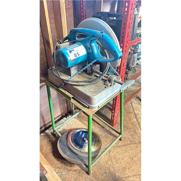 MAKITA 2414B STEEL CUT OFF SAW WITH A METAL STAND - INCLUDES ASSORTED BLADES