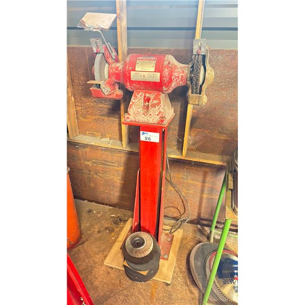 BALDOR 8" BENCH GRINDER ON STEEL PEDESTAL STAND - INCLUDES 6 ASSORTED GRINDING DISCS + BRUSHES