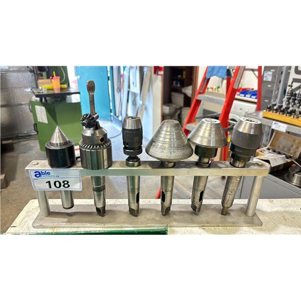 SET OF 6 LATHE TOOLING + STAND - LIVE CENTERS, KEYLESS CHUCKS & A JACOBS CHUCKS ON MORSE TAPER