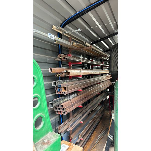 WALL MOUNT STEEL MATERIAL RACK WITH LARGE ASSORTMENT OF STEEL LENGTHS - ANGLE IRON, FLATBAR, SQUARE