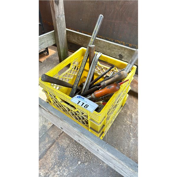 CRATE OF ASSORTED METAL FILES, PRY BARS & HAMMERS