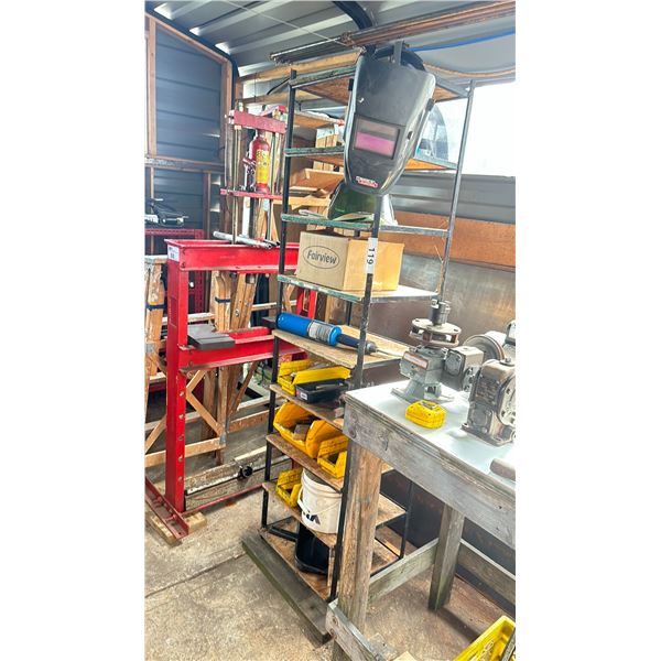 9 TIER METAL FRAMED SHELVING UNIT WITH MISCELLANEOUS ITEMS