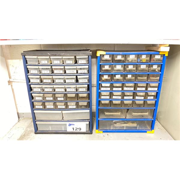 2 BLUE METAL PARTS ORGANIZERS WITH ASSORTED MACHINE TOOLING - TAPS & END MILLS