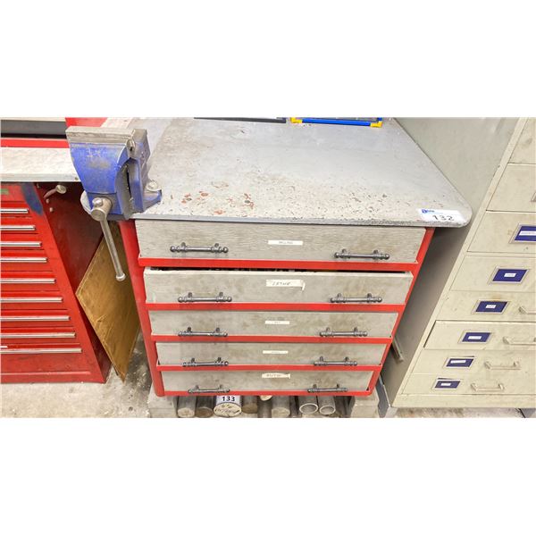 SOLID STEEL 5 DRAWER WORKBENCH FILLED WITH MACHINE SHOP TOOLING & NO. RECORD MECHANICS VICE