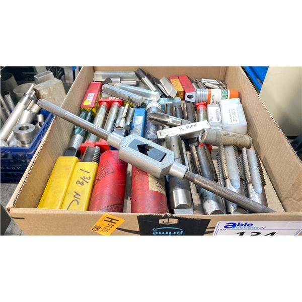 BOX FULL OF MACHINING TOOLING - TAPS, COUNTER SINKS, CENTER DRILLS, ANNULAR CUTTERS & TAP HANDLE