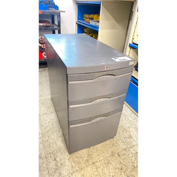 ROLLING GREY METAL 3 DRAWER STORAGE CABINET WITH CONTENTS