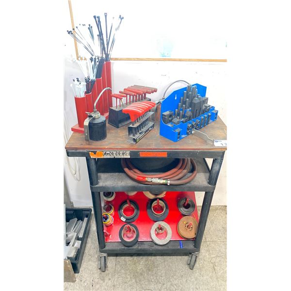 MOBILE WORK CART WITH MACHINIST TOOLING - CLAMP SET, HEX KEY SETS, ZAP STRAPS, ASSORTED TAPE & 2