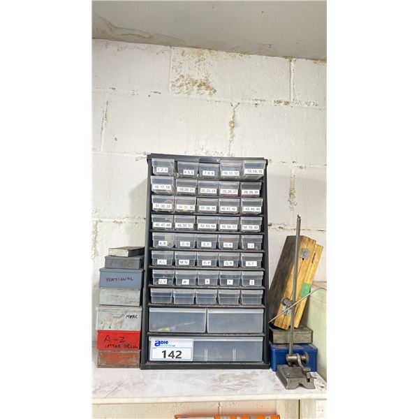 PARTS ORGANIZER FILLED WITH DRILLS BITS, SCRIBE, NUMBER DRILLS/ LETTER DRILLS & ASSORTED DRILL
