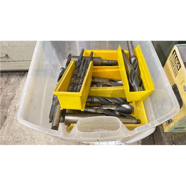 GROUP OF LARGE DRILL BITS IN A TOTE - APPROX. 24 * INCLUDES 4 WHEEL DOLLY & TOTE *