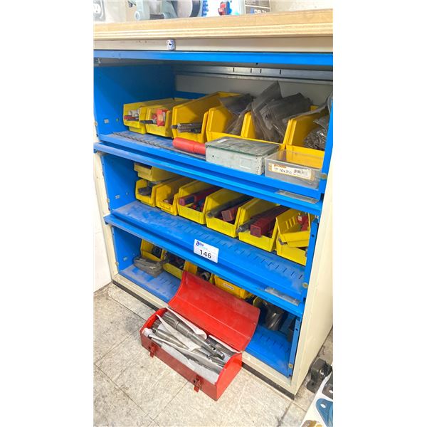3 SECTION METAL STORAGE CABINET FILLED WITH MACHINE TOOLING - LONG DRILL BITS, REEMERS, SLITTING