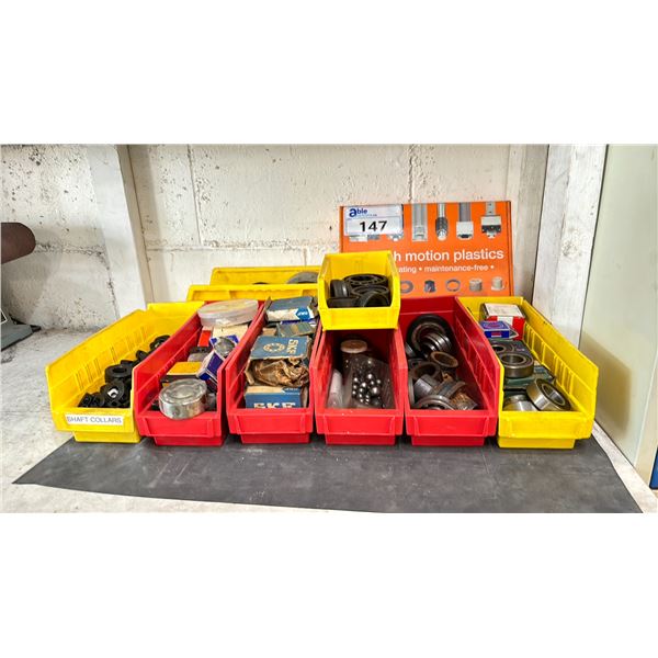 GROUP OF SMALL PLASTIC ORGANIZER CONTAINERS WITH MACHINIST BALL BEARINGS & SHAFT COLLARS