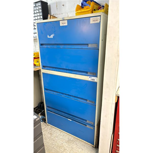 5 DRAWER BLUE/BEIGE METAL STORAGE CABINET - APPROX. 3'W X 5.5'H X 1.5'D * CONTENTS NOT INCLUDED *