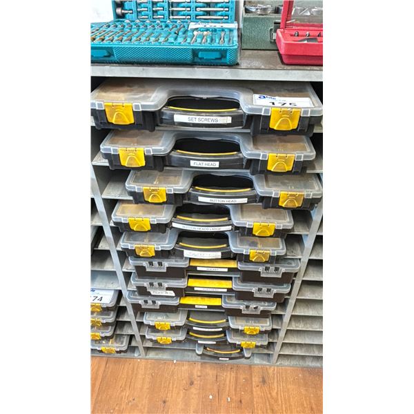 GROUP OF 11 PLASTIC ORGANIZERS WITH CONTENTS - STEEL FASTENERS/ MACHINE SCREWS