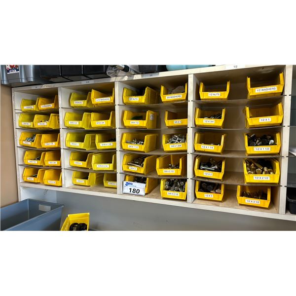 40 SMALL YELLOW PLASTIC ORGANIZERS FILLED WITH ASSORTED BOLTS, NUTS & WASHERS ( FROM 1/4" - 1/2" IN