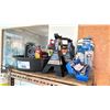 Image 1 : GROUP OF ASSORTED AUTOMOTIVE ITEMS - SNAP ON LED LIGHT, 2 BOTTLE JACKS, PAIR OF JACK STANDS, PICKUP