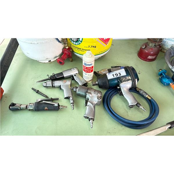 GROUP OF 6 PNEUMATIC TOOLS - IMPACT DRIVERS, SCREW GUN, RATCHET, CHISEL & SHEAR