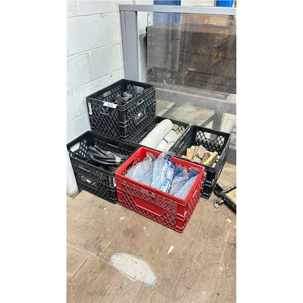 6 LARGE CRATES WITH CONTENTS - BIKE TIRE INNER TUBES, BILGE OIL ABSORBENT PADS, COLLAPSIBLE WATER