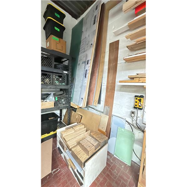 LARGE GROUP OF SHEET LUMBER, LEXAN SHEETS, PLYWOOD, FOAM, EXOTIC WOOD BLOCKS/PIECES & PIECES OF UHMW