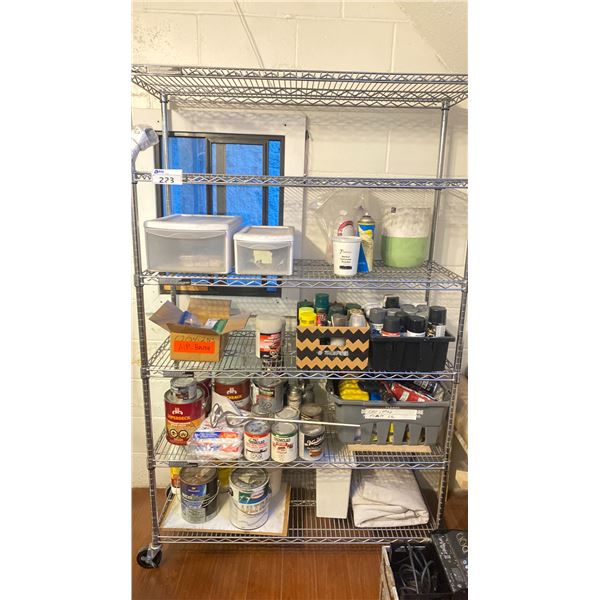 SEVILLE 6 SHELF COMMERCIAL SHELVING CHROME FINISH MOBILE RACK WITH ASSORTED PAINTS, AIR BRUSH GUN,