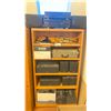 Image 1 : APPROX. 5'H BOOKSHELF WITH ASSORTED HOME AUDIO SPEAKERS, A VINTAGE TRUMPET WITH CASE & YAMAHA HOME