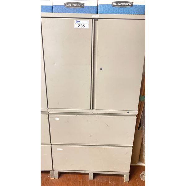GREY METAL STORAGE CABINET FILLED WITH ASSORTED PLUMBING HARDWARE - APPROX. 3'W X 4.5'H X 1'D