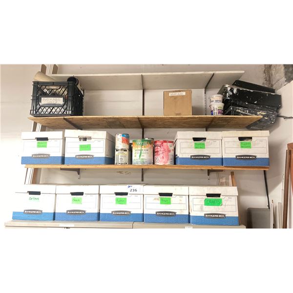 WOODEN SHELF SYSTEM WITH CONTENTS - ASSORTED BOXES OF PLUMBING SUPPLIES, CRAFTS, PAINT, RUBBER TUBE,