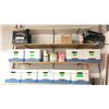 Image 1 : WOODEN SHELF SYSTEM WITH CONTENTS - ASSORTED BOXES OF PLUMBING SUPPLIES, CRAFTS, PAINT, RUBBER TUBE,
