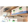 Image 2 : WOODEN SHELF SYSTEM WITH CONTENTS - ASSORTED BOXES OF PLUMBING SUPPLIES, CRAFTS, PAINT, RUBBER TUBE,