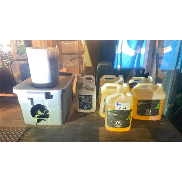 GROUP OF CLEAR KEROSENE, PAINT THINNER & 2 CONTAINERS OF SHOP RAGS