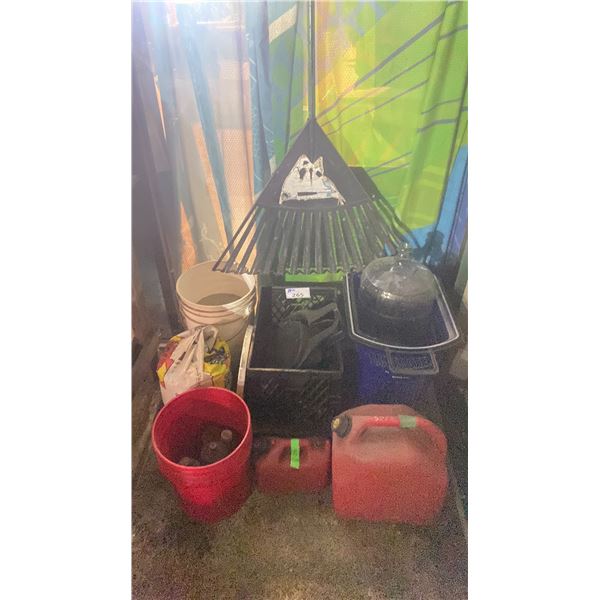 MISCELLANEOUS LOT OF JERRY CANS, GLASS CARBOY, BUCKET PLAY SAND, RAKE & CRATE OF ASSORTED BRUSHES