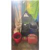 Image 1 : MISCELLANEOUS LOT OF JERRY CANS, GLASS CARBOY, BUCKET PLAY SAND, RAKE & CRATE OF ASSORTED BRUSHES