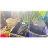 Image 3 : MISCELLANEOUS LOT OF JERRY CANS, GLASS CARBOY, BUCKET PLAY SAND, RAKE & CRATE OF ASSORTED BRUSHES