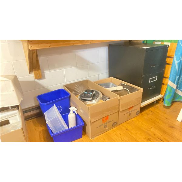 BLACK GLOBAL 2 DRAWER METAL FILING CABINET, 2 BOXES OF ASSORTED OFFICE SUPPLIES, RECYCLING BINS, 4