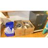 Image 5 : BLACK GLOBAL 2 DRAWER METAL FILING CABINET, 2 BOXES OF ASSORTED OFFICE SUPPLIES, RECYCLING BINS, 4