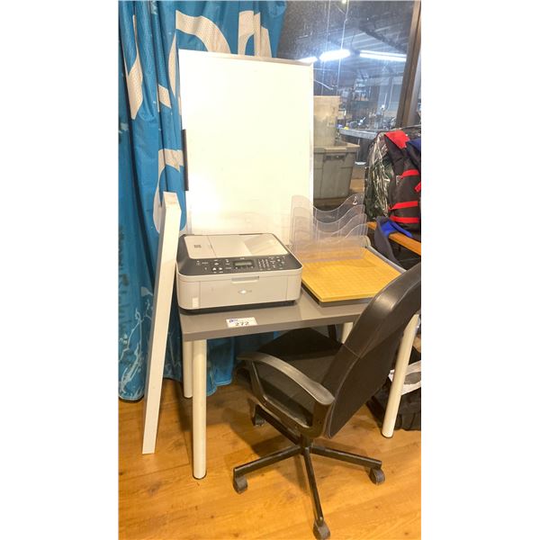 GREY OFFICE DESK, CANON MX360 PRINTER, BLACK OFFICE CHAIR, PAPER CUTTER, OFFICE WHITEBOARD & WHITE