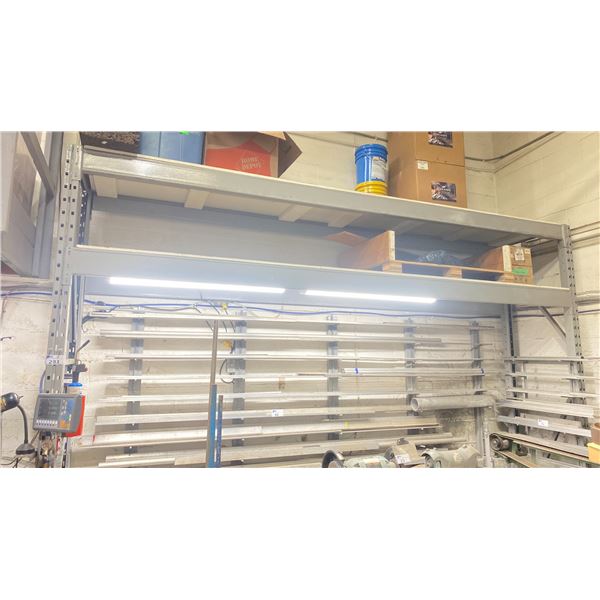 1 GREY PALLET RACKING SECTION - APPROX. 14'W X 2.5'D X 10'H ( 2 UPRIGHTS, 4 SIDE RAILS WITH PLYWOOD