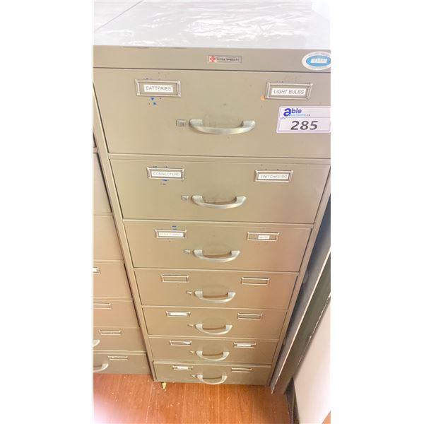 GREY 7 DRAWER METAL STORAGE CABINET WITH CONTENTS - 12V BATTERIES, SWITCHES, CONNECTORS, WIRE, FLEX