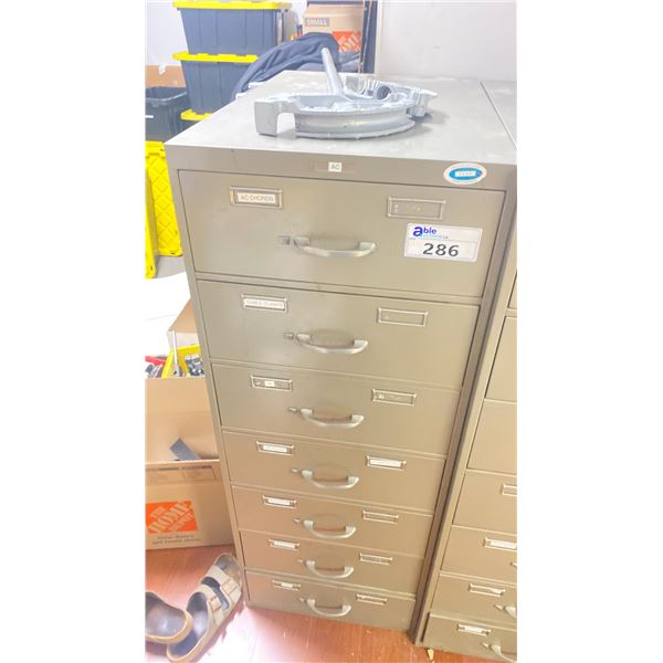 GREY 7 DRAWER METAL STORAGE CABINET WITH CONTENTS - POWER BARS, CABLE CLAMPS, LIGHT BULB SOCKETS,