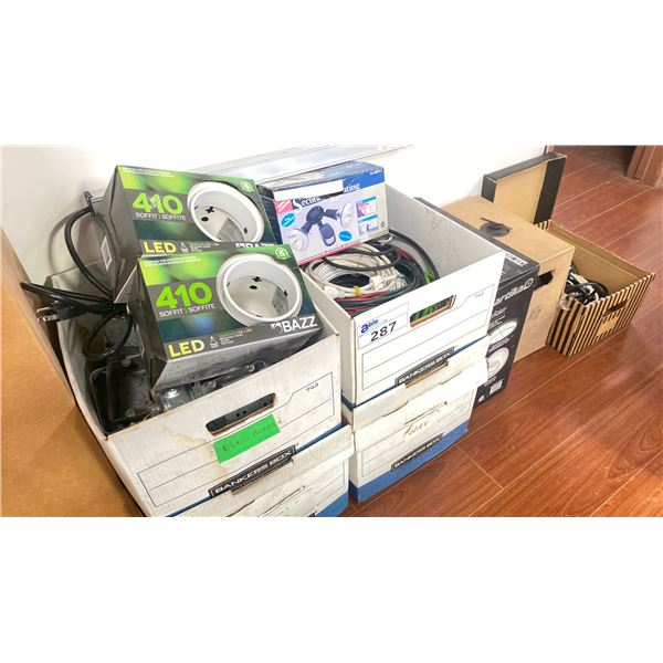LOT OF ASSORTED ELECTRICAL - APPROX. 8 BOXES OF POWER CORDS, ELECTRICAL BOXES, LIGHT FIXTURES,