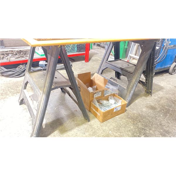 PAIR FOLDING SAWHORSES WITH WOOD TABLE TOP & ALUMINIUM FRAMED WOOD TOP WORK TABLE