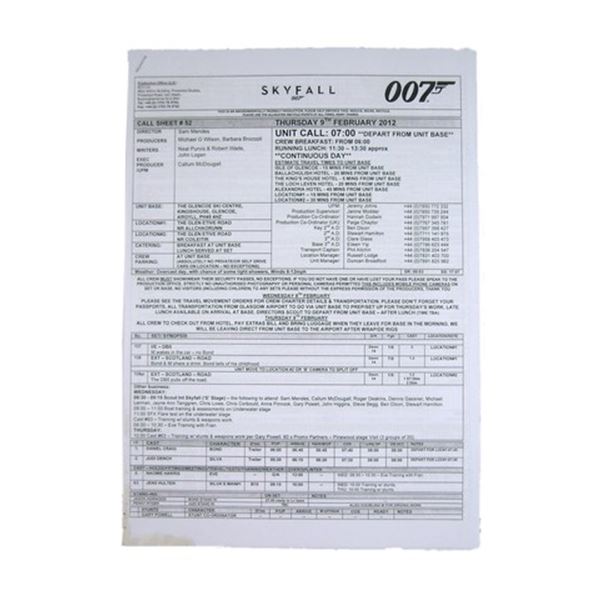 James Bond Skyfall Production Call Sheets Movie Props