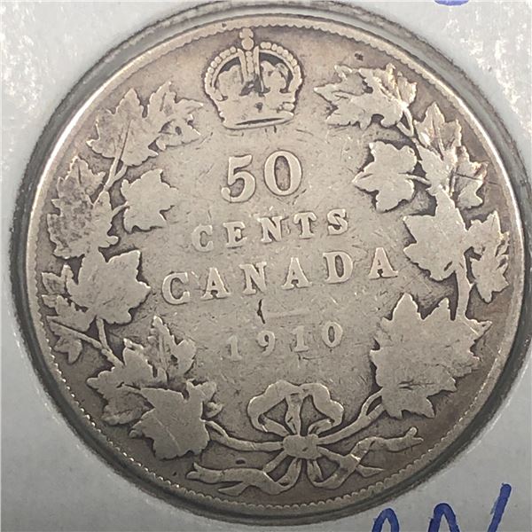1910 King Edward VII 50 Cents G+Victorian Leaves