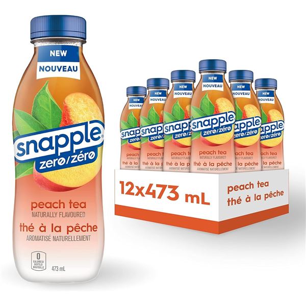 NEW PACK OF 12 473ML SNAPPLE ZERO PEACH TEA