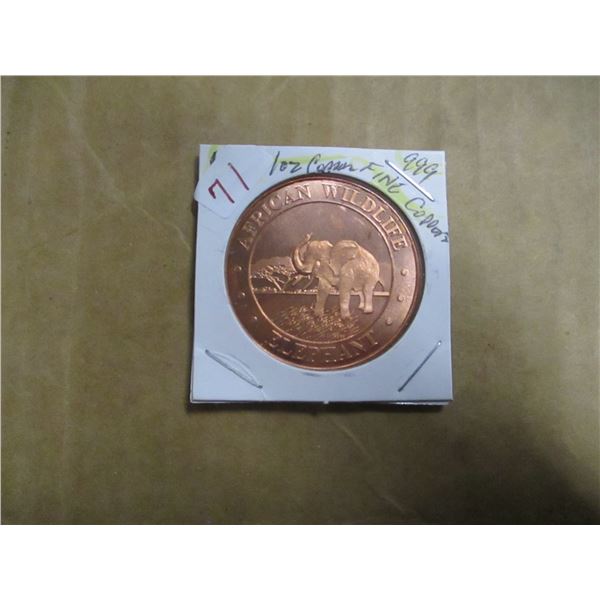 1 OZ 999 FINE COPPER AFRICAN ELEPHANT WILDLIFE COIN