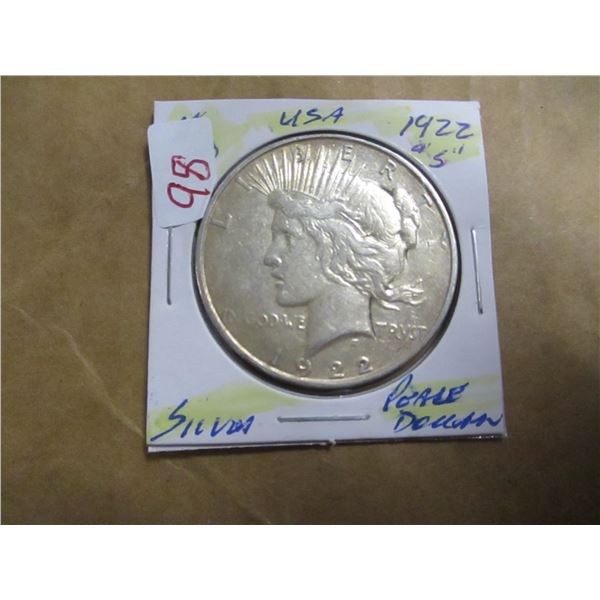 1922 "S" USA SILVER PEACE DOLLAR