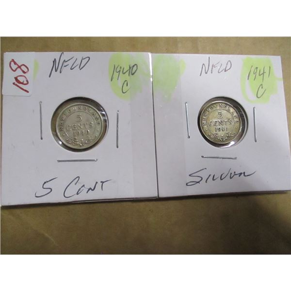 1940C & 1941C NEWFOUNDLAND SILVER 5 CENT COINS